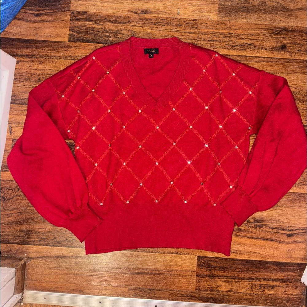 Red V-Neck Sweater with Diamond Sequin Detail